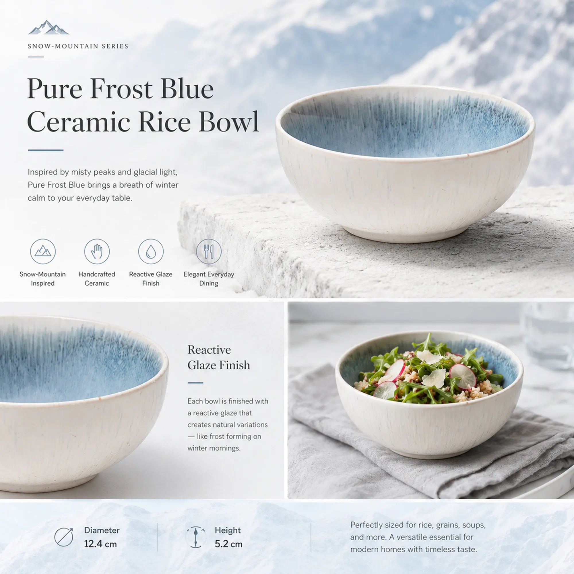 Detailed overview infographic of frost blue ceramic rice bowl featuring reactive glaze finish, dining atmosphere, and product specifications