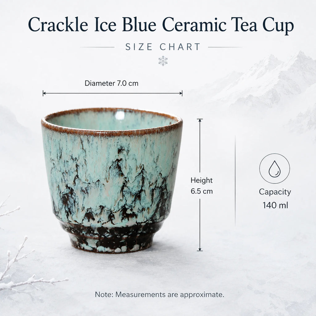 Dimensions of crackle ice blue ceramic tea cup