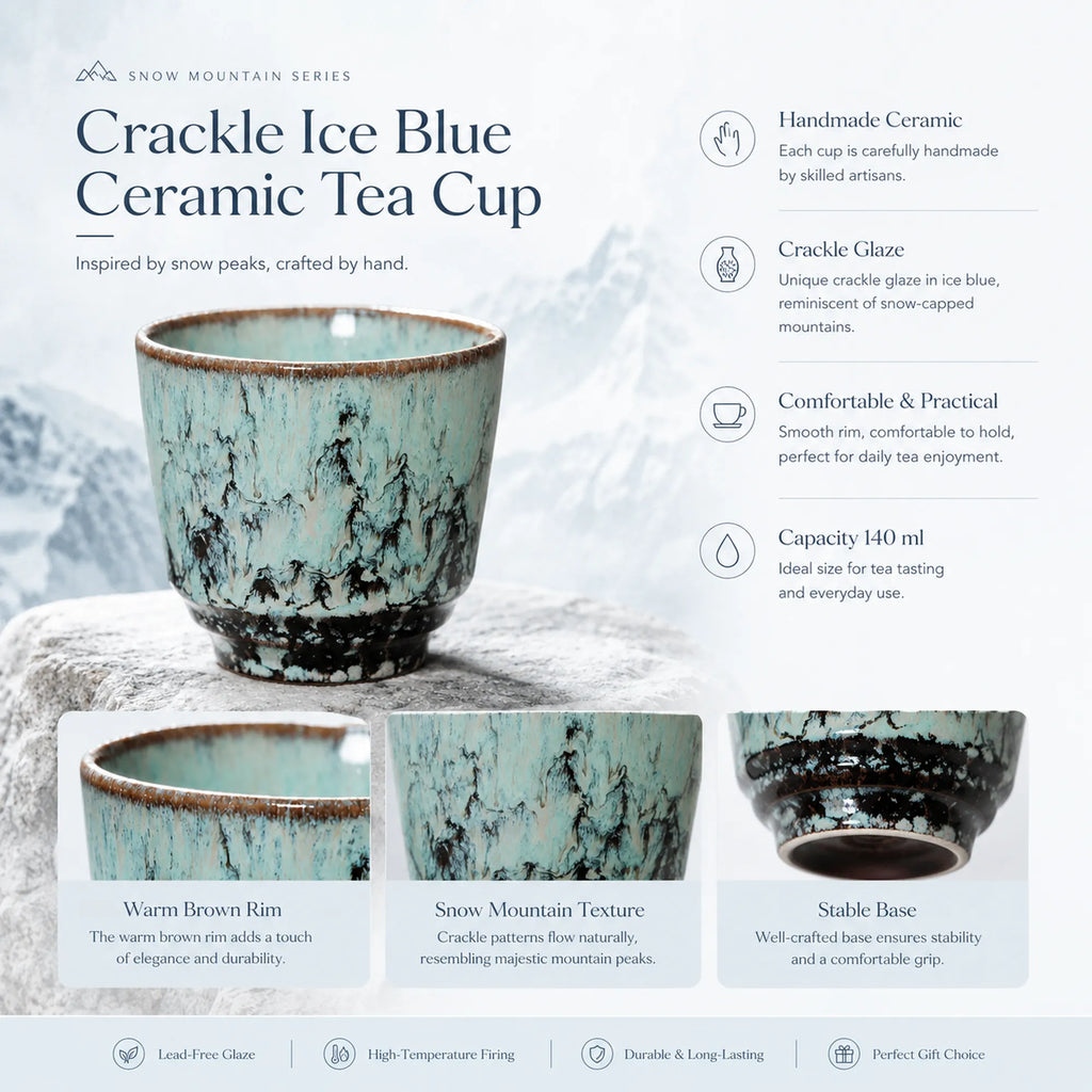 Detailed overview infographic of ice blue ceramic tea cup featuring crackle glaze texture, tea styling, and product dimensions