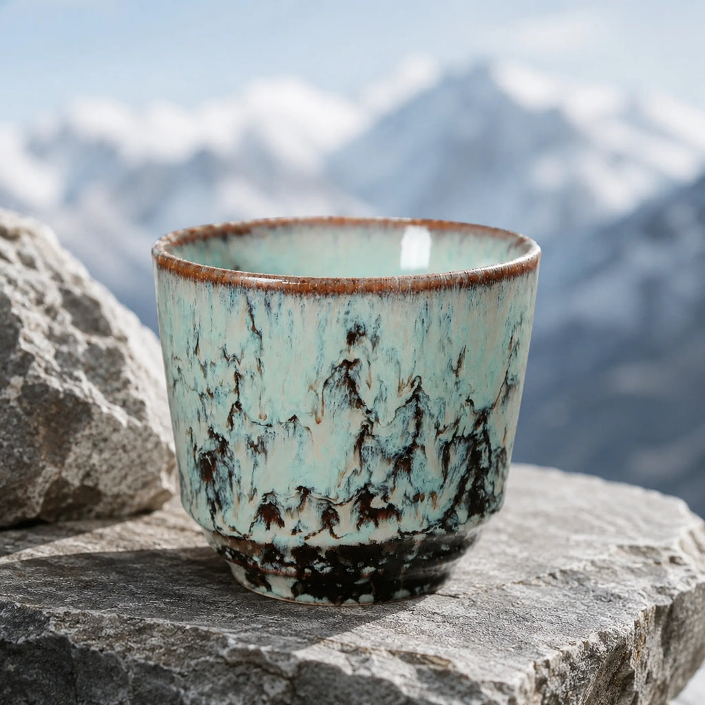 Ice blue ceramic tea cup styled in a soft tea setting