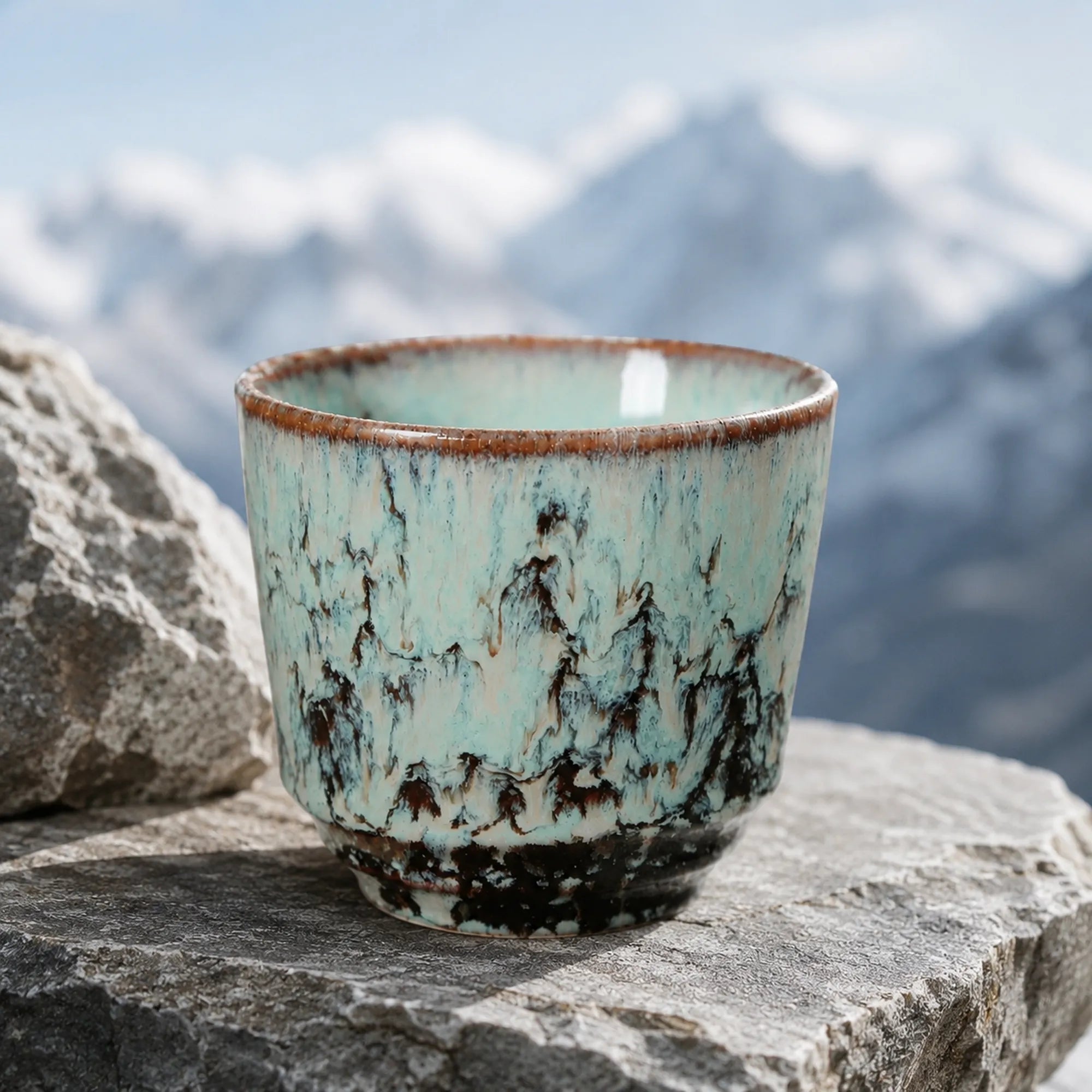 Ice blue ceramic tea cup styled in a soft tea setting