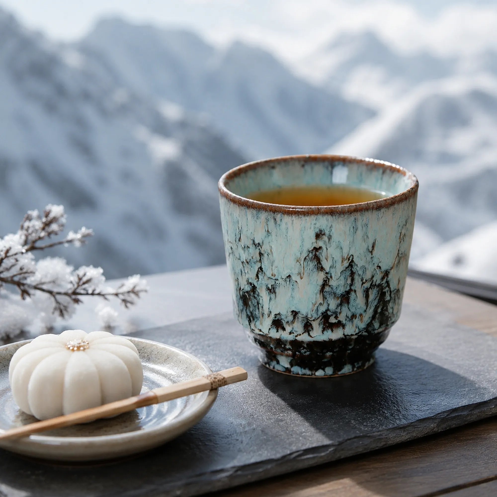 Ice blue ceramic tea cup served with tea
