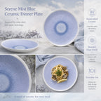 Detailed overview infographic of serene mist blue ceramic dinner plate featuring soft ceramic texture, dining atmosphere, and product specifications