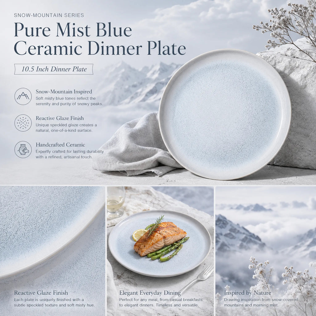 Detailed overview infographic of mist blue ceramic dinner plate featuring soft glaze texture, dining styling, and product dimensions