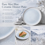 Detailed overview infographic of mist blue ceramic dinner plate featuring soft glaze texture, dining styling, and product dimensions