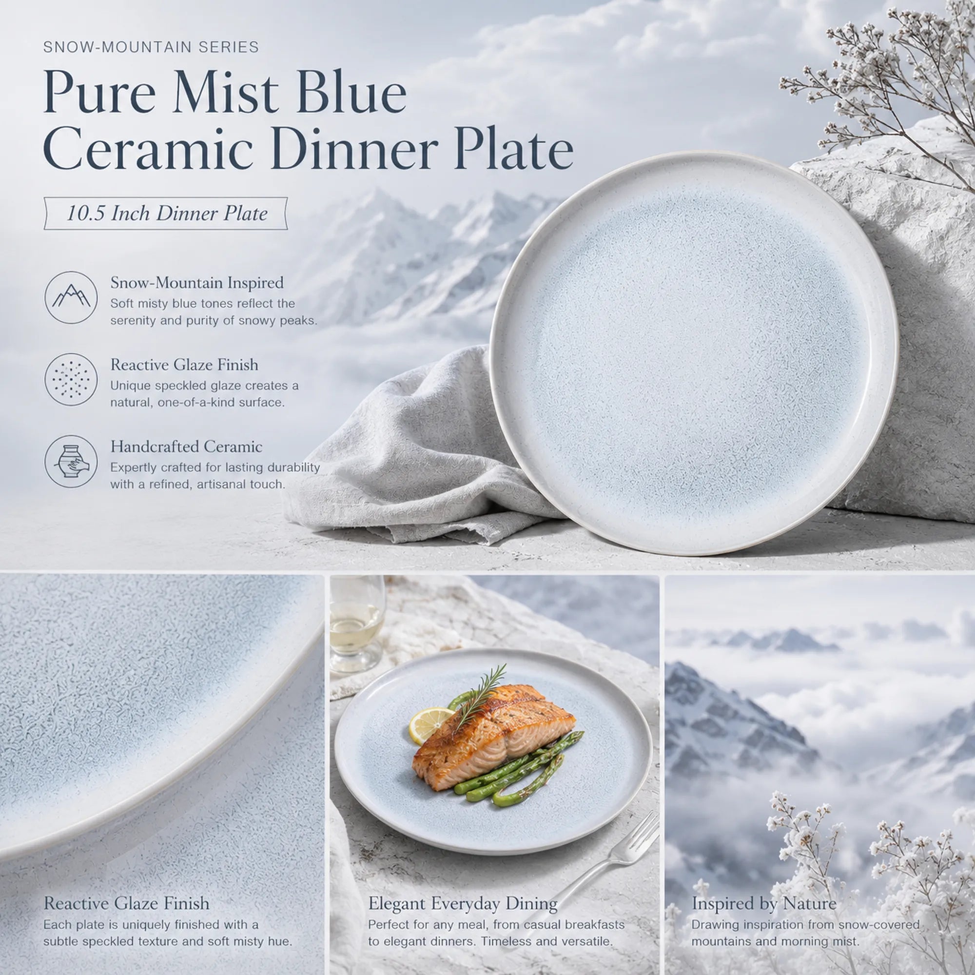 Detailed overview infographic of mist blue ceramic dinner plate featuring soft glaze texture, dining styling, and product dimensions
