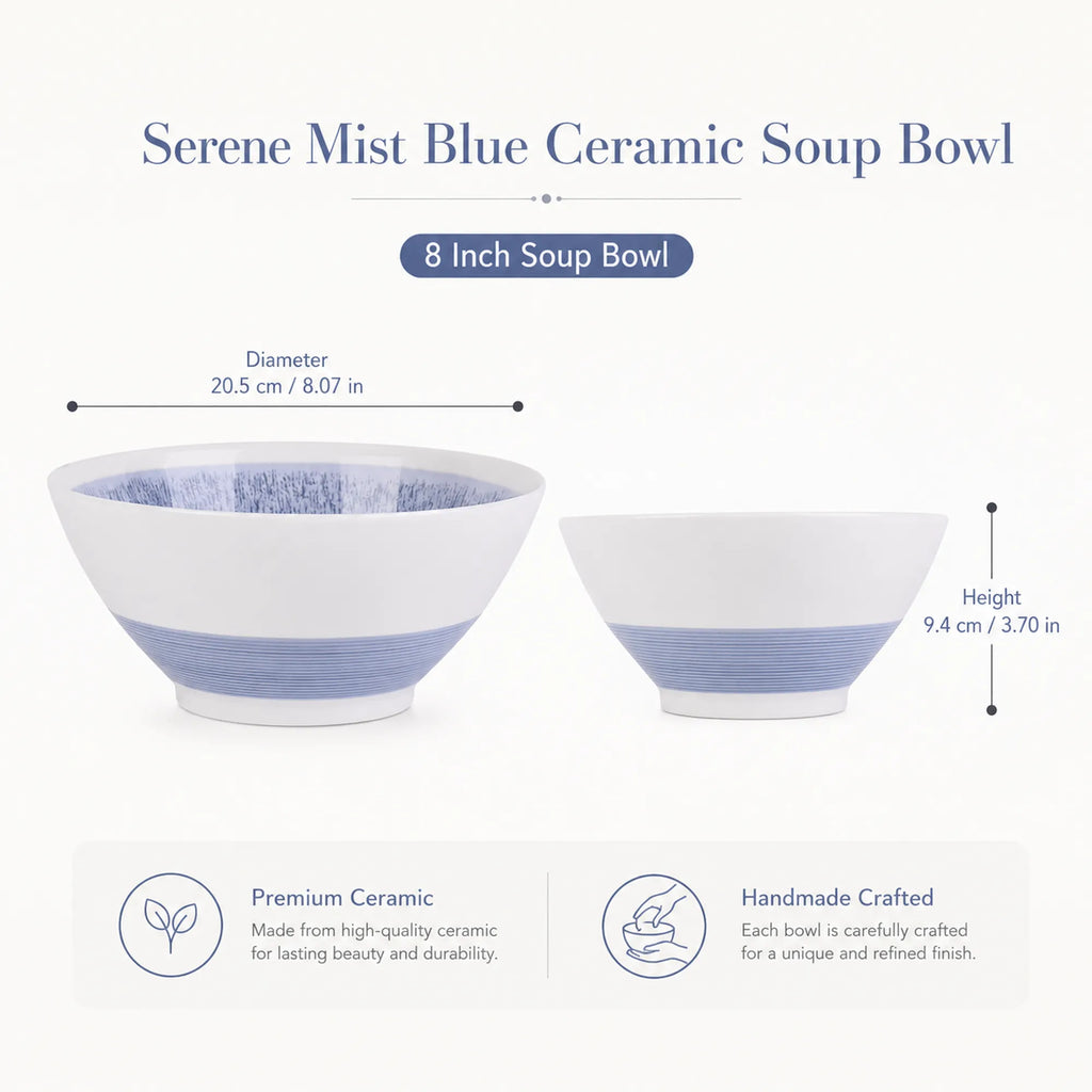 Dimensions of serene mist blue ceramic soup bowl