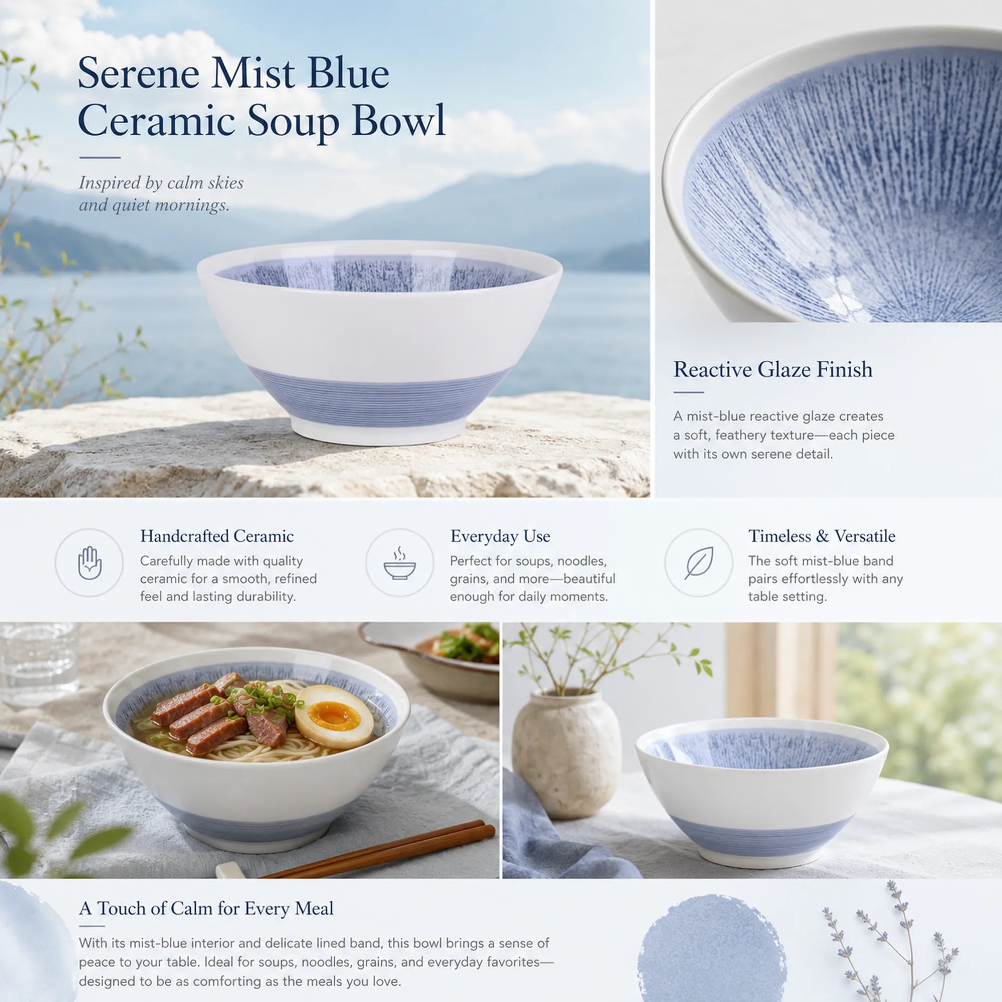 Detailed overview infographic of serene mist blue ceramic soup bowl featuring layered ceramic texture, dining styling, and product dimensions