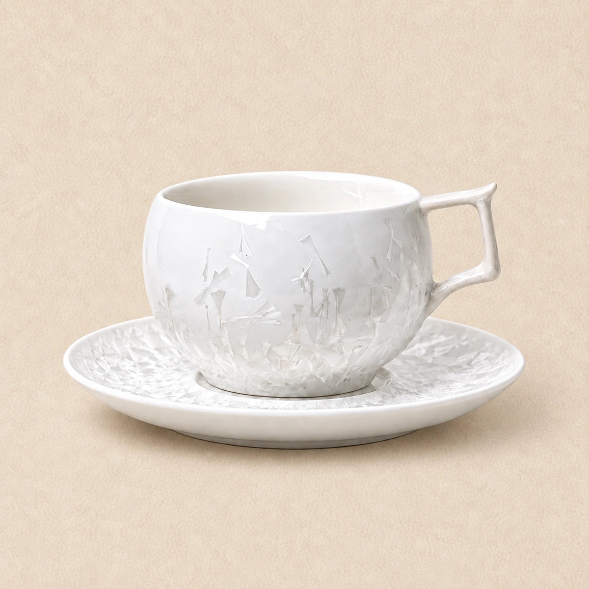 Mist white crystal glaze ceramic coffee cup set with matching saucer