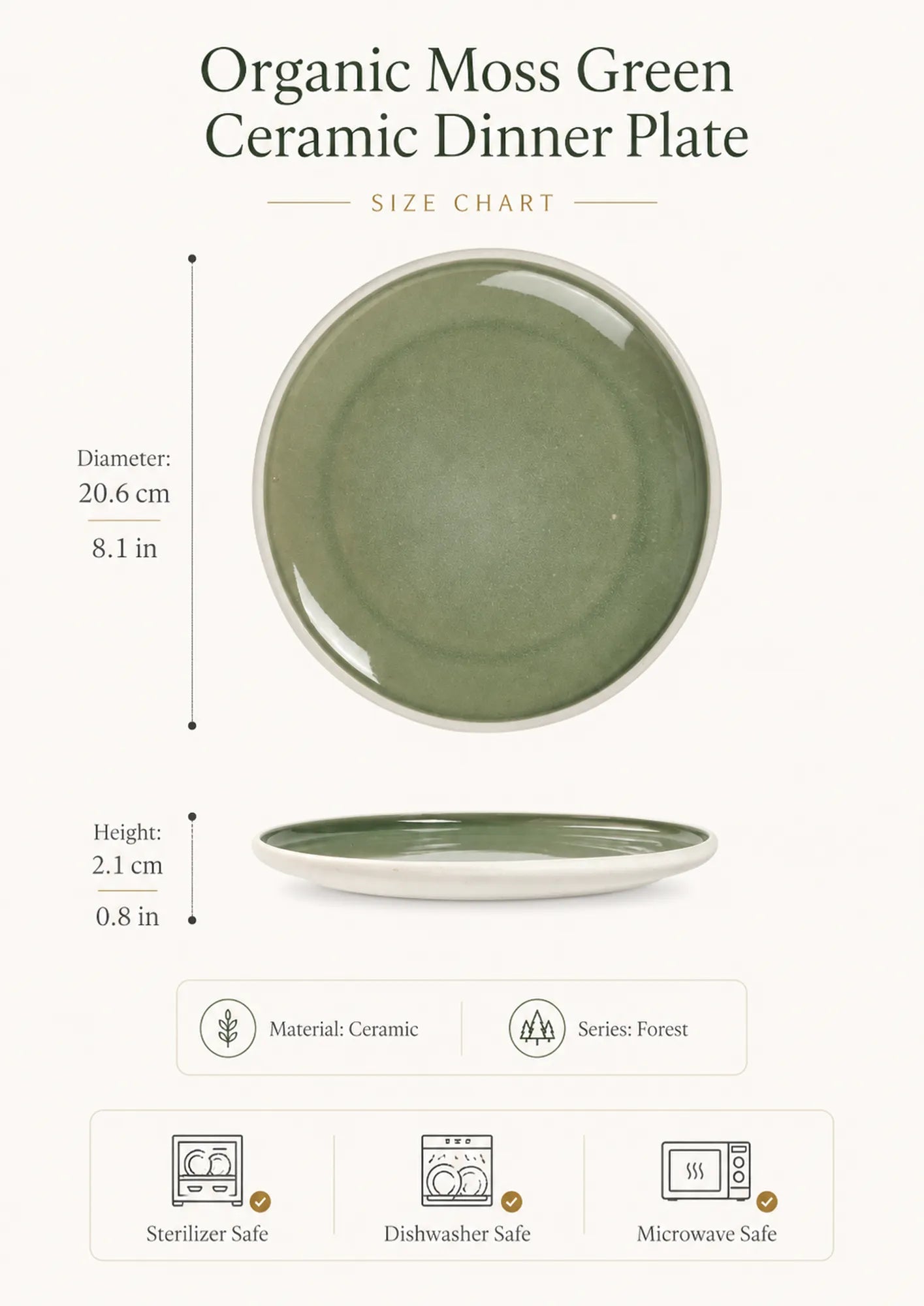 Dimensions of moss green ceramic dinner plat