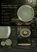 Detailed overview infographic of moss green ceramic dinner plate featuring textured glaze, dining atmosphere, and product dimensions