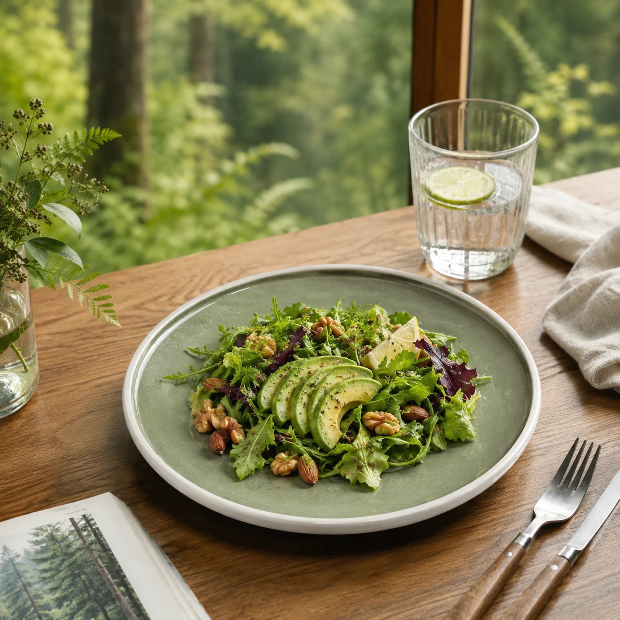 Moss green ceramic dinner plate styled with fresh food