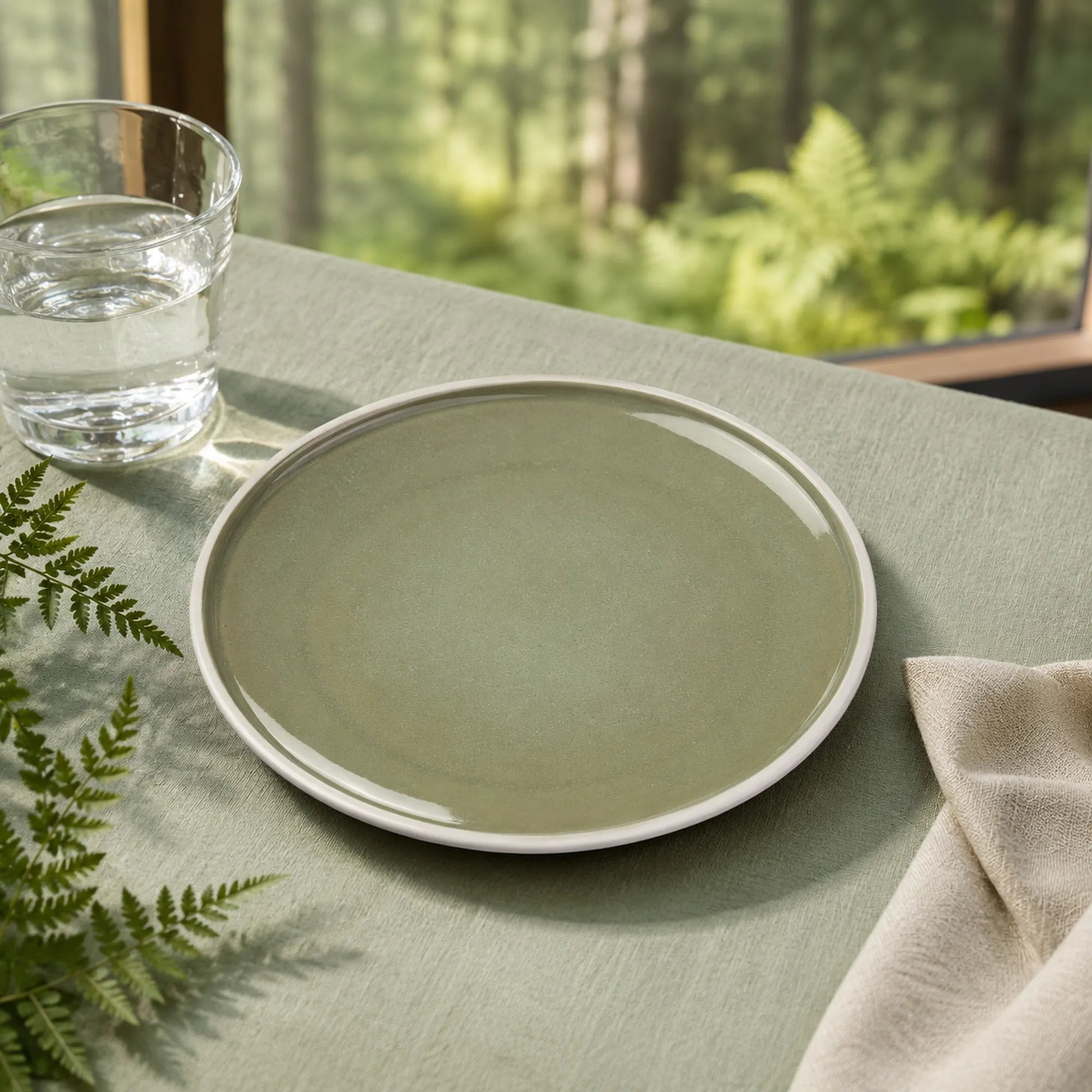 Moss green ceramic dinnerware styled on a modern dining table