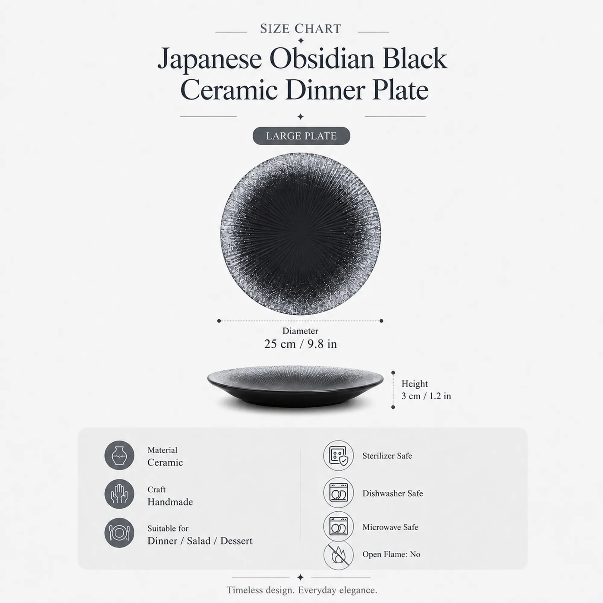 Dimensions of Japanese obsidian black ceramic dinner plate