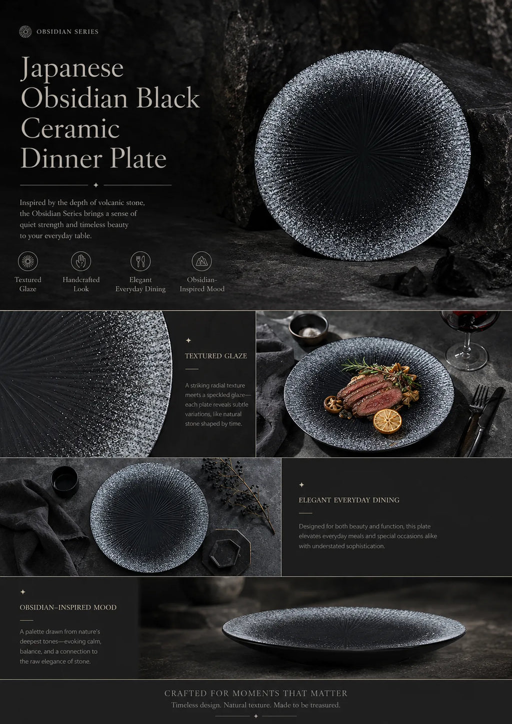 Detailed overview infographic of obsidian black ceramic dinner plate featuring matte ceramic texture, dining atmosphere, and product specifications