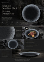 Detailed overview infographic of obsidian black ceramic dinner plate featuring matte ceramic texture, dining atmosphere, and product specifications