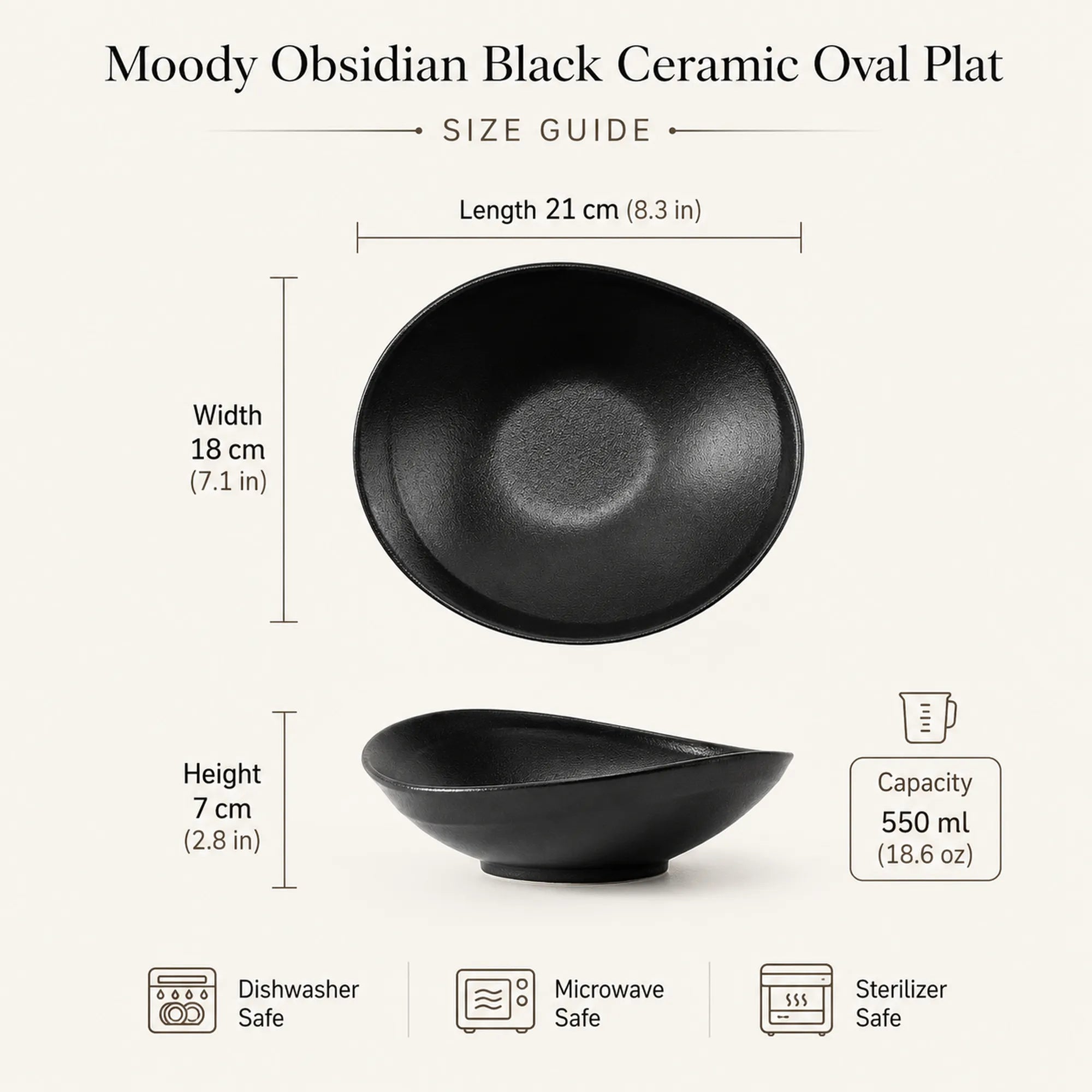 Dimensions of moody obsidian black ceramic oval plate