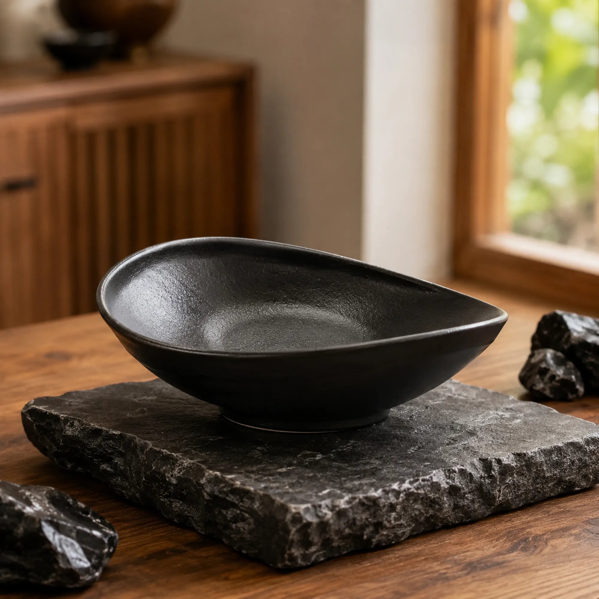 Moody obsidian black ceramic oval plate with textured glaze finish