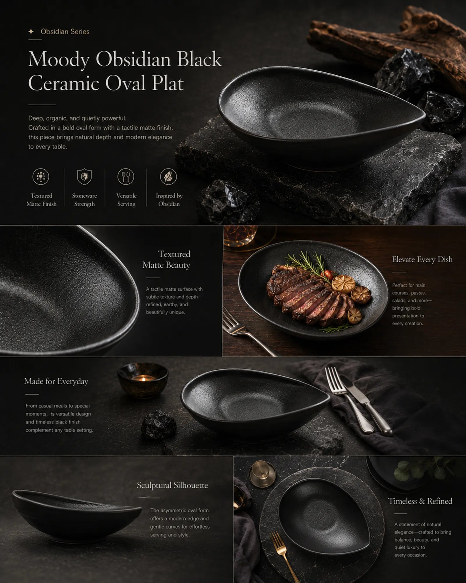 Detailed overview infographic of obsidian black ceramic oval plate featuring textured glaze finish, food presentation, and product dimensions