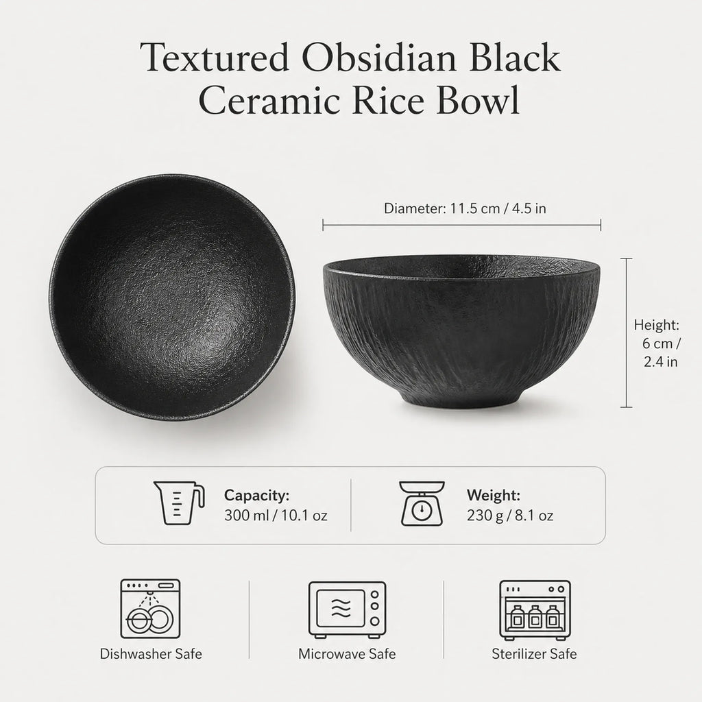 Dimensions of textured obsidian black ceramic rice bowl