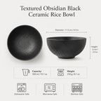 Dimensions of textured obsidian black ceramic rice bowl