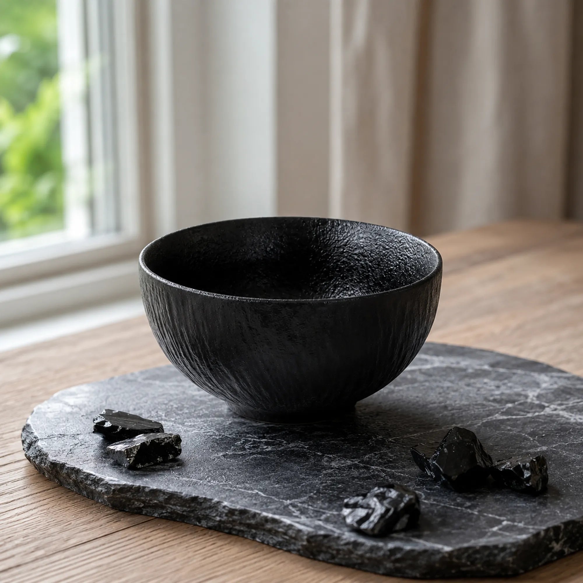 Textured obsidian black ceramic rice bowl with layered matte finish