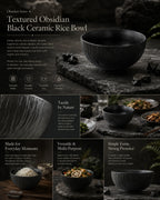 Detailed overview infographic of obsidian black ceramic rice bowl featuring matte ceramic texture, dining styling, and product specifications