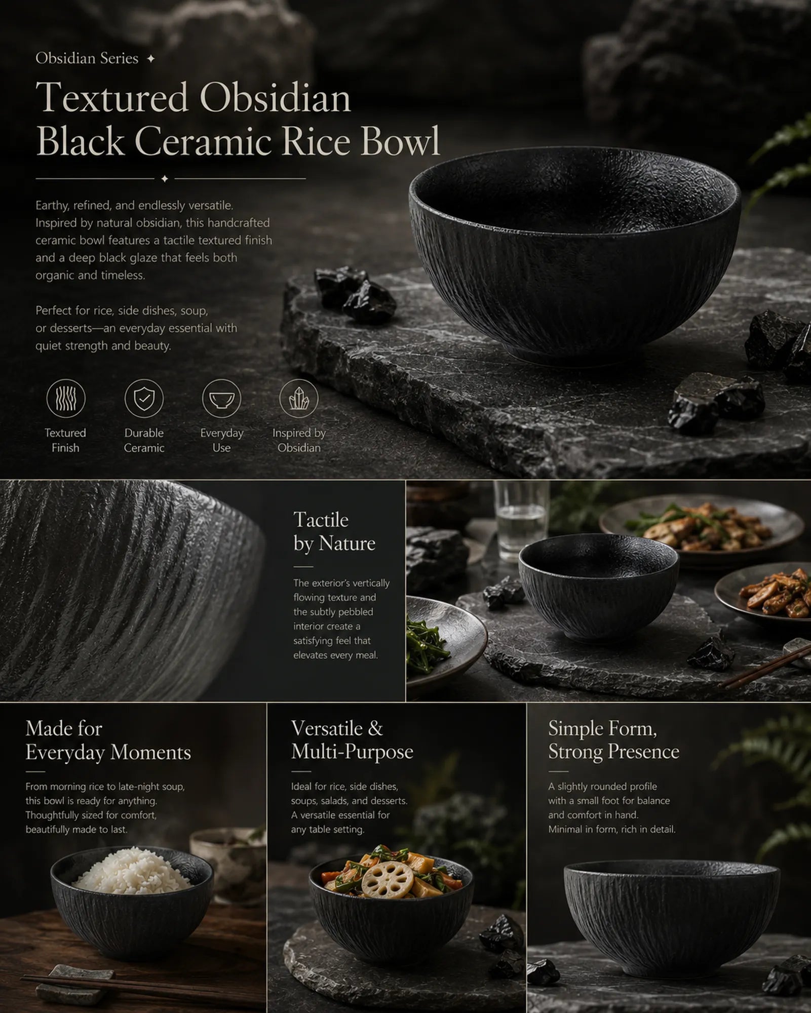 Detailed overview infographic of obsidian black ceramic rice bowl featuring matte ceramic texture, dining styling, and product specifications