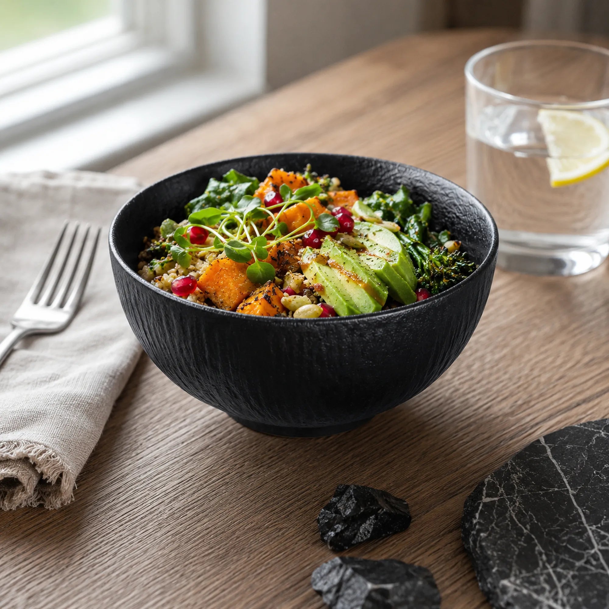 Obsidian black ceramic rice bowl served with warm food