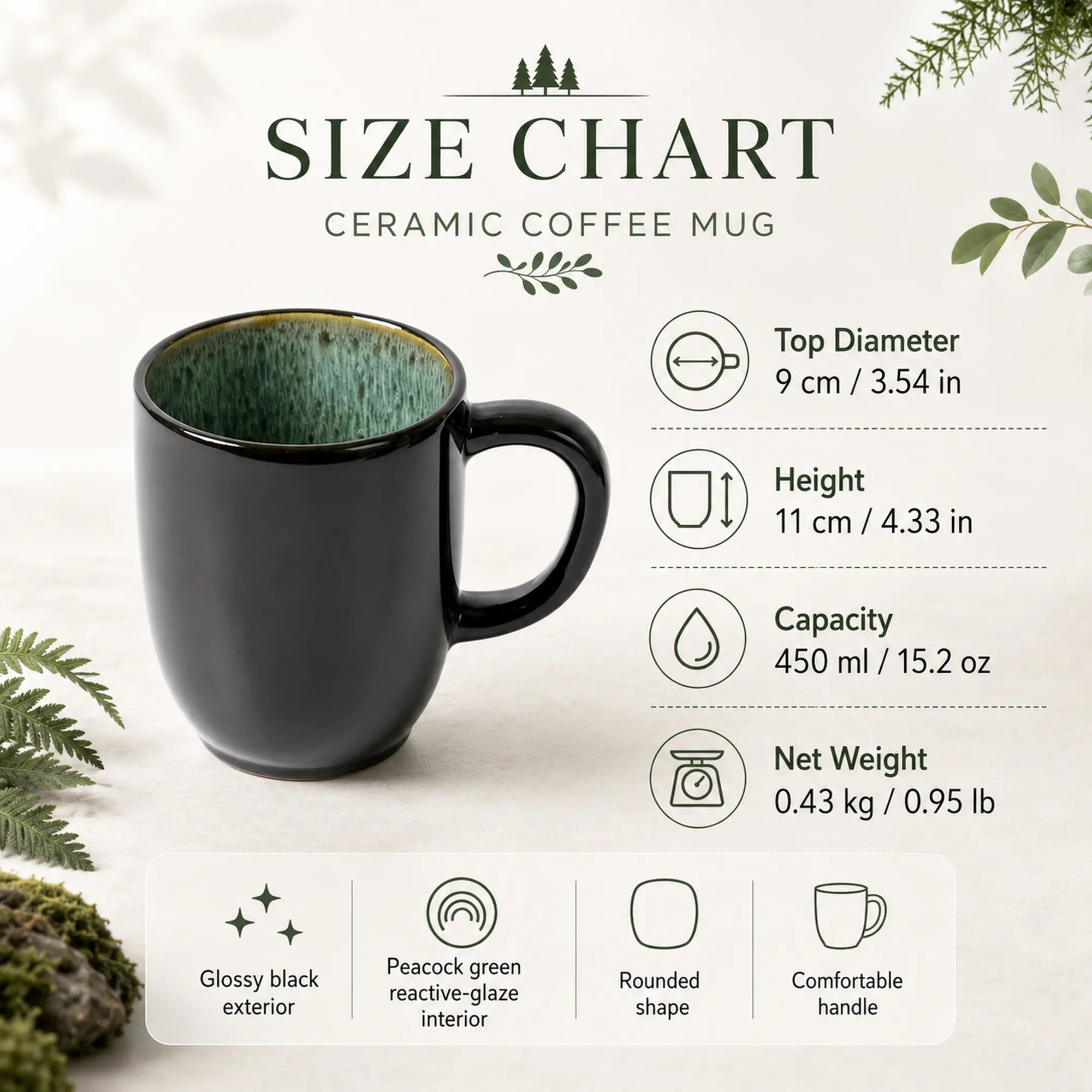 Dimensions of peacock green ceramic coffee mug