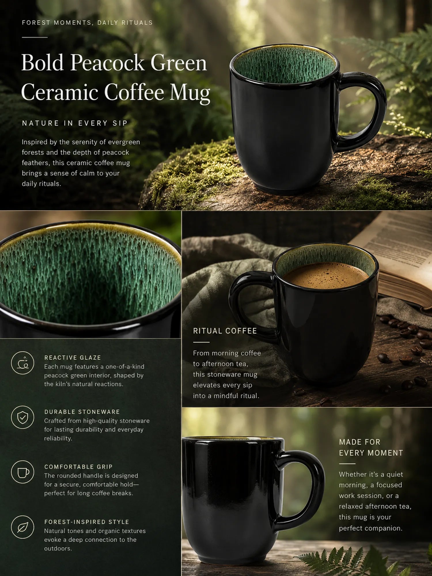 Detailed overview infographic of peacock green ceramic coffee mug featuring glazed texture, coffee styling, and product dimensions