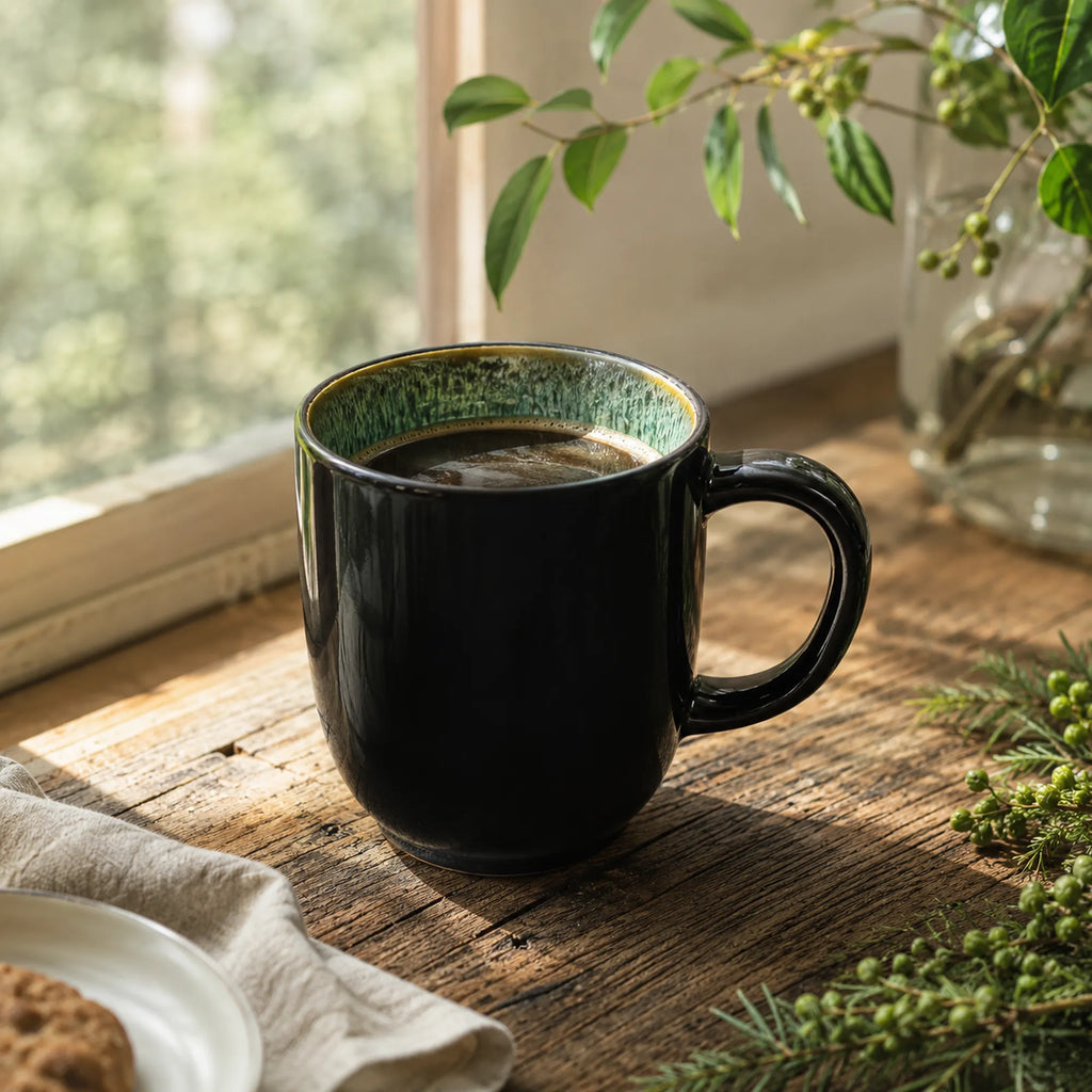 Peacock green ceramic coffee mug styled on a wooden table