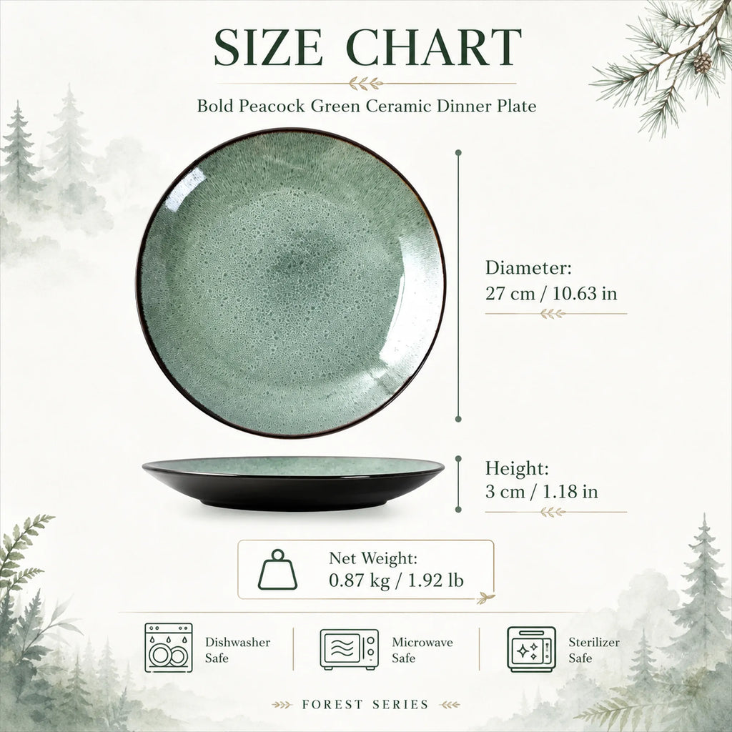 Dimensions of peacock green ceramic dinner plate