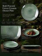 Detailed overview infographic of peacock green ceramic dinner plate featuring textured glaze, dining atmosphere, and product specifications