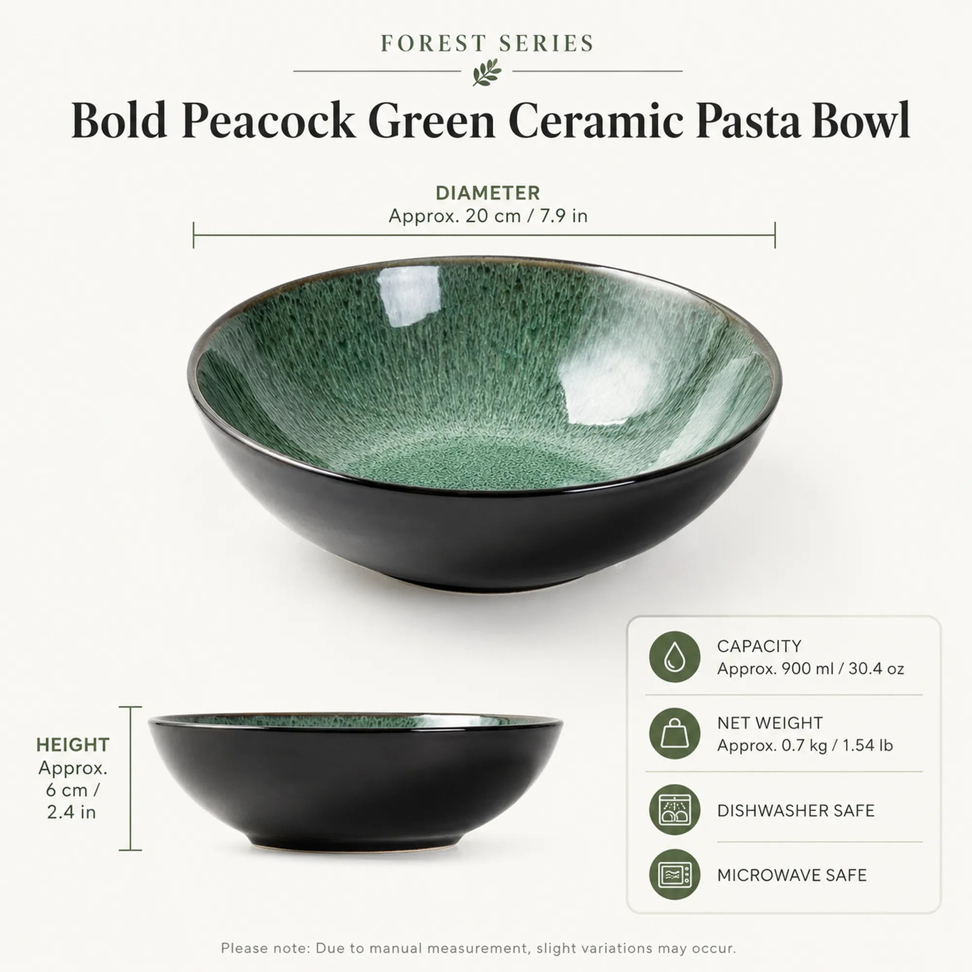 Dimensions of peacock green ceramic pasta bowl