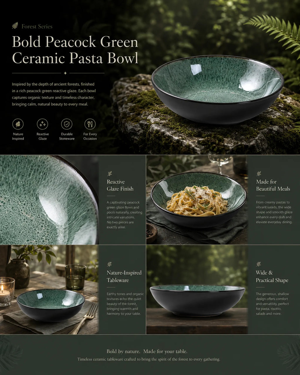 Detailed overview infographic of peacock green ceramic pasta bowl featuring ceramic texture, food presentation, and product dimensions