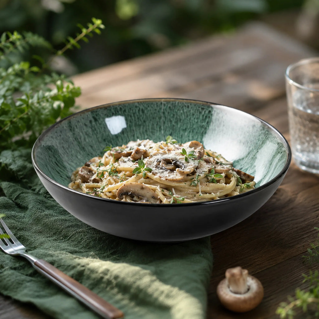 Peacock green ceramic pasta bowl styled with pasta