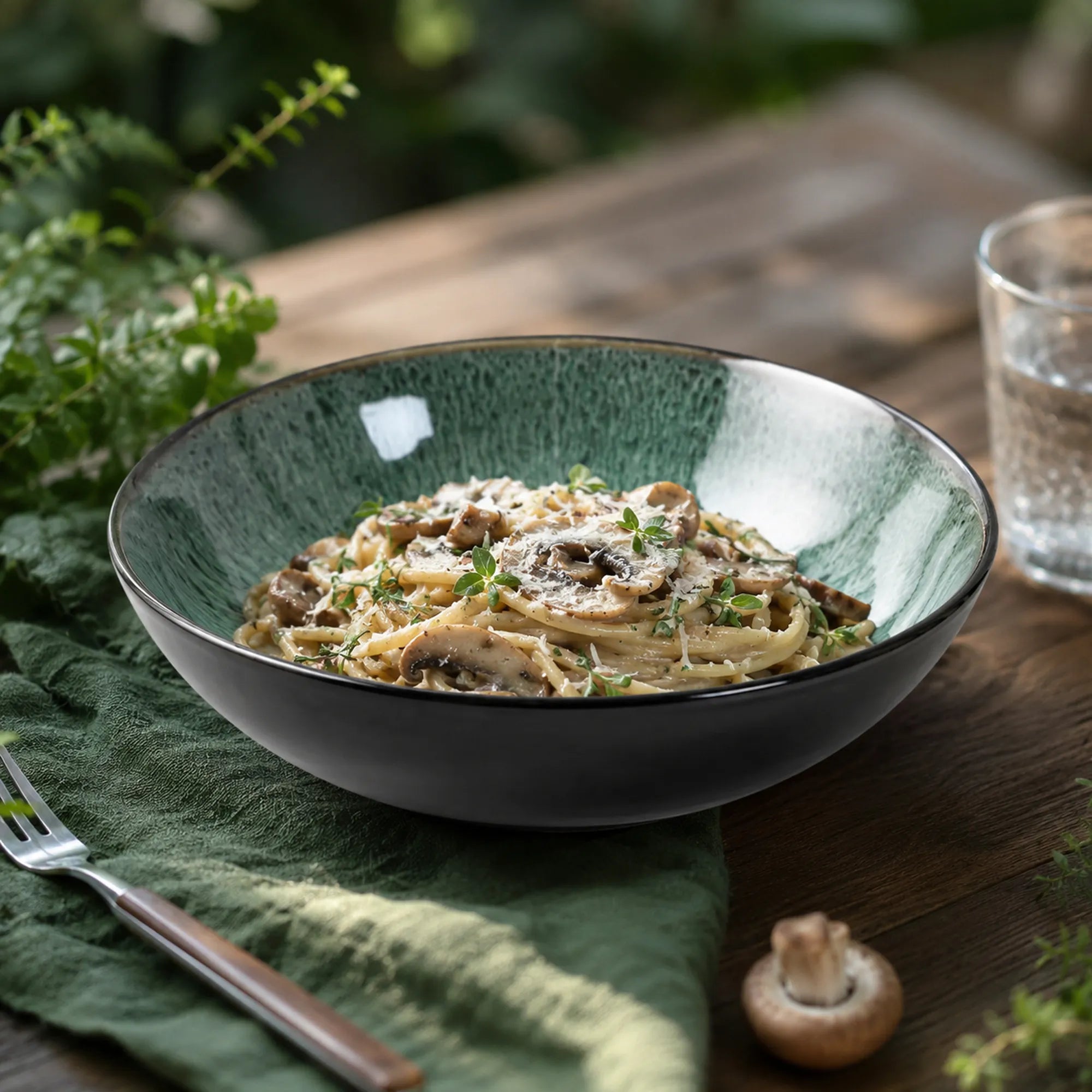 Peacock green ceramic pasta bowl styled with pasta