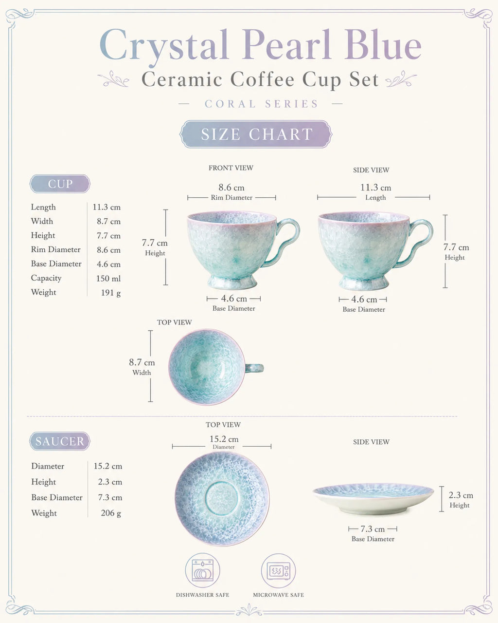 Dimensions of crystal pearl blue ceramic coffee cup set