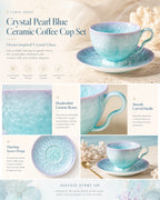Detailed overview infographic of pearl blue ceramic coffee cup set featuring glossy ceramic texture, coffee styling, and product dimensions