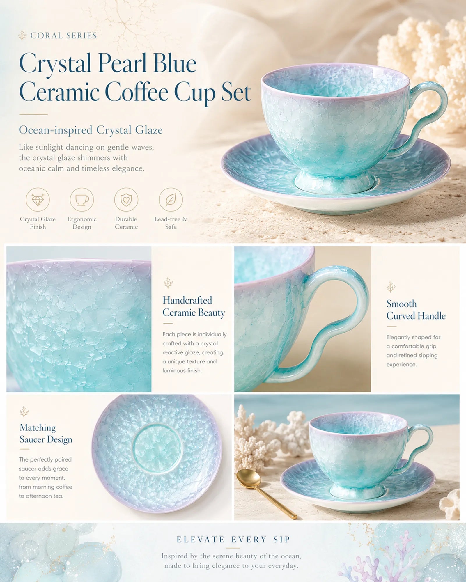 Detailed overview infographic of pearl blue ceramic coffee cup set featuring glossy ceramic texture, coffee styling, and product dimensions