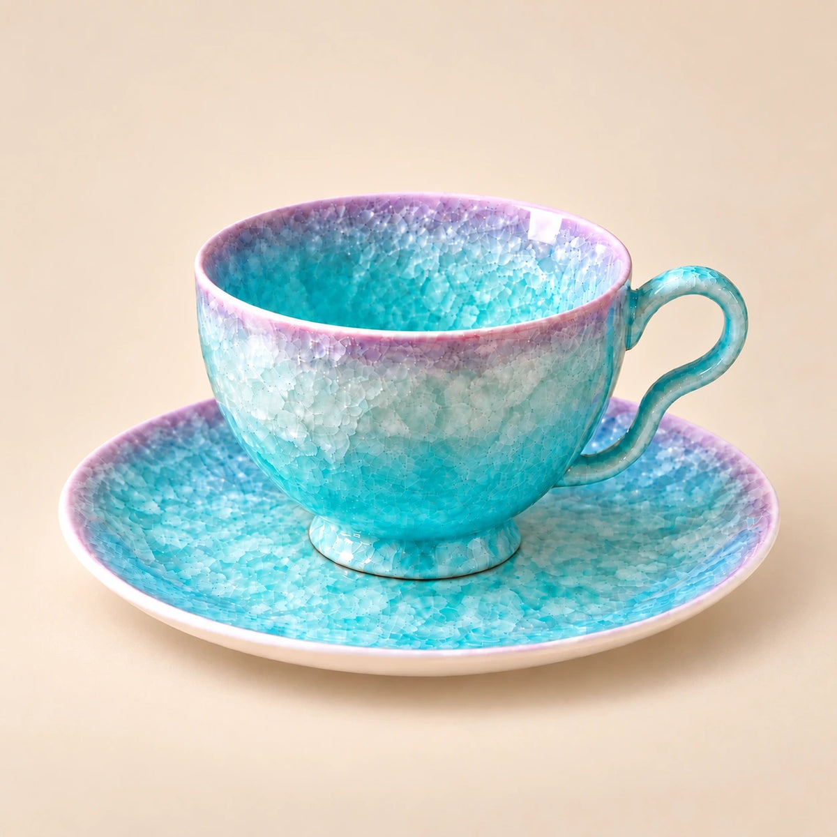 Crystal Pearl Blue ceramic coffee cup set with matching saucer