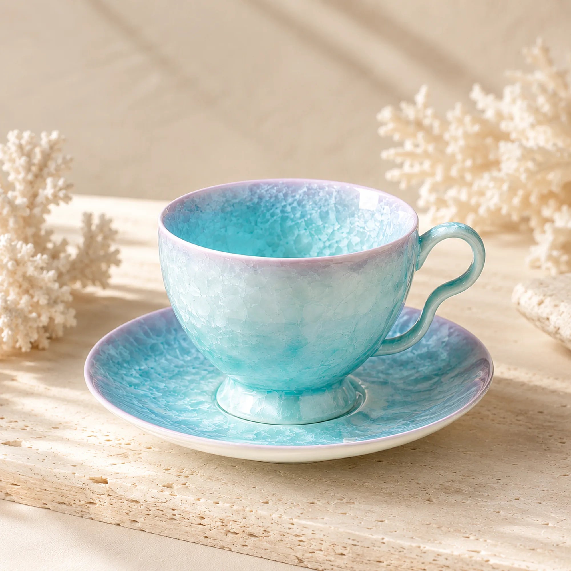 Crystal pearl blue ceramic coffee cup set with glossy glaze finish