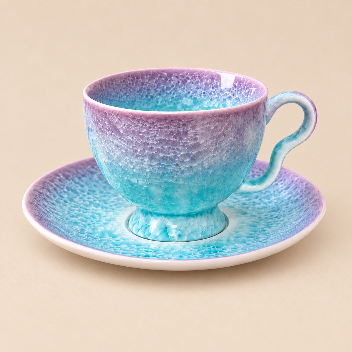 Crystal Pearl Blue ceramic coffee cup set with matching saucer