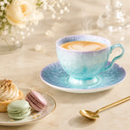 Pearl blue ceramic coffee cup set served with coffee