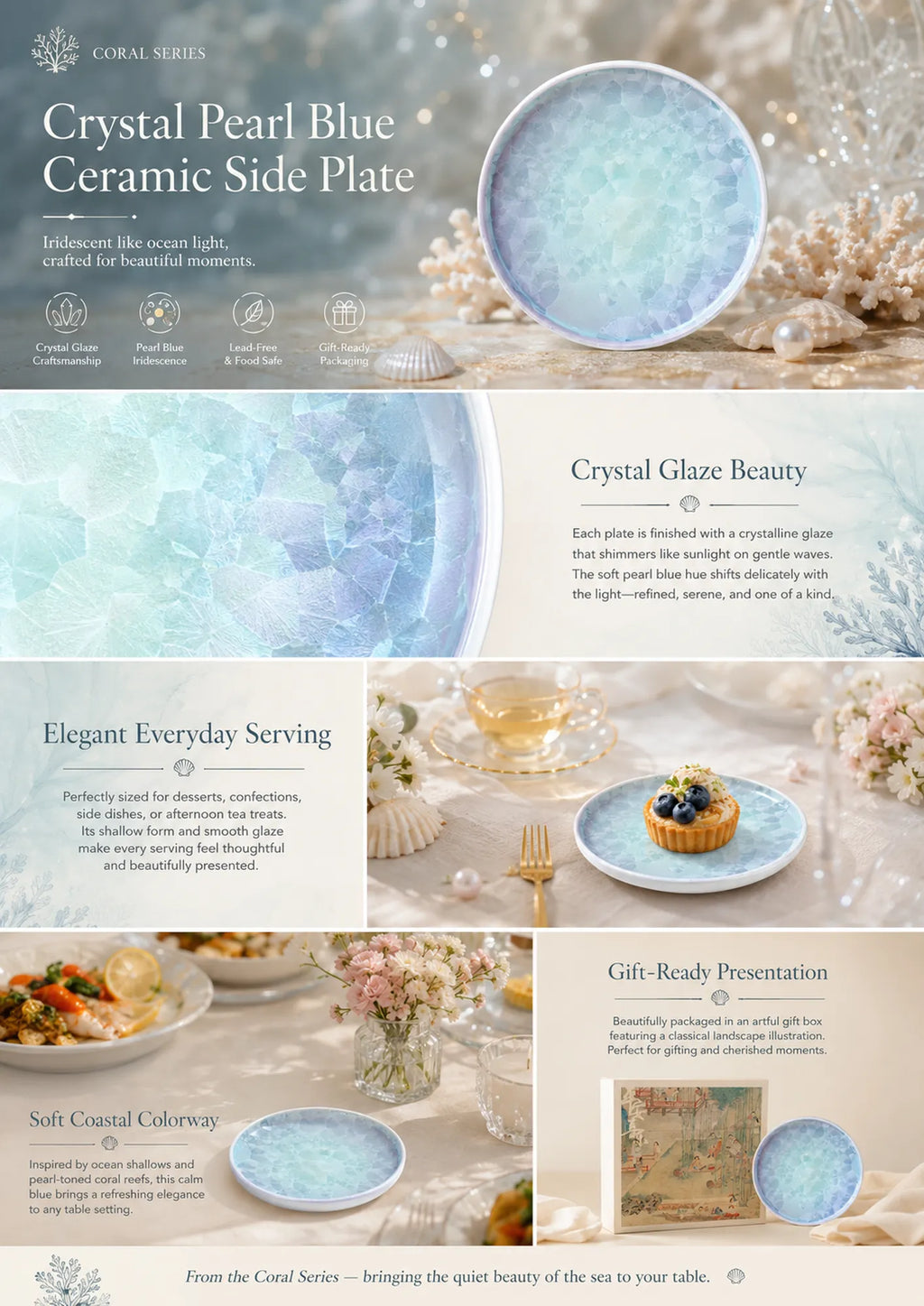 Detailed overview infographic of pearl blue ceramic side plate featuring smooth glaze finish, dining atmosphere, and product dimensions