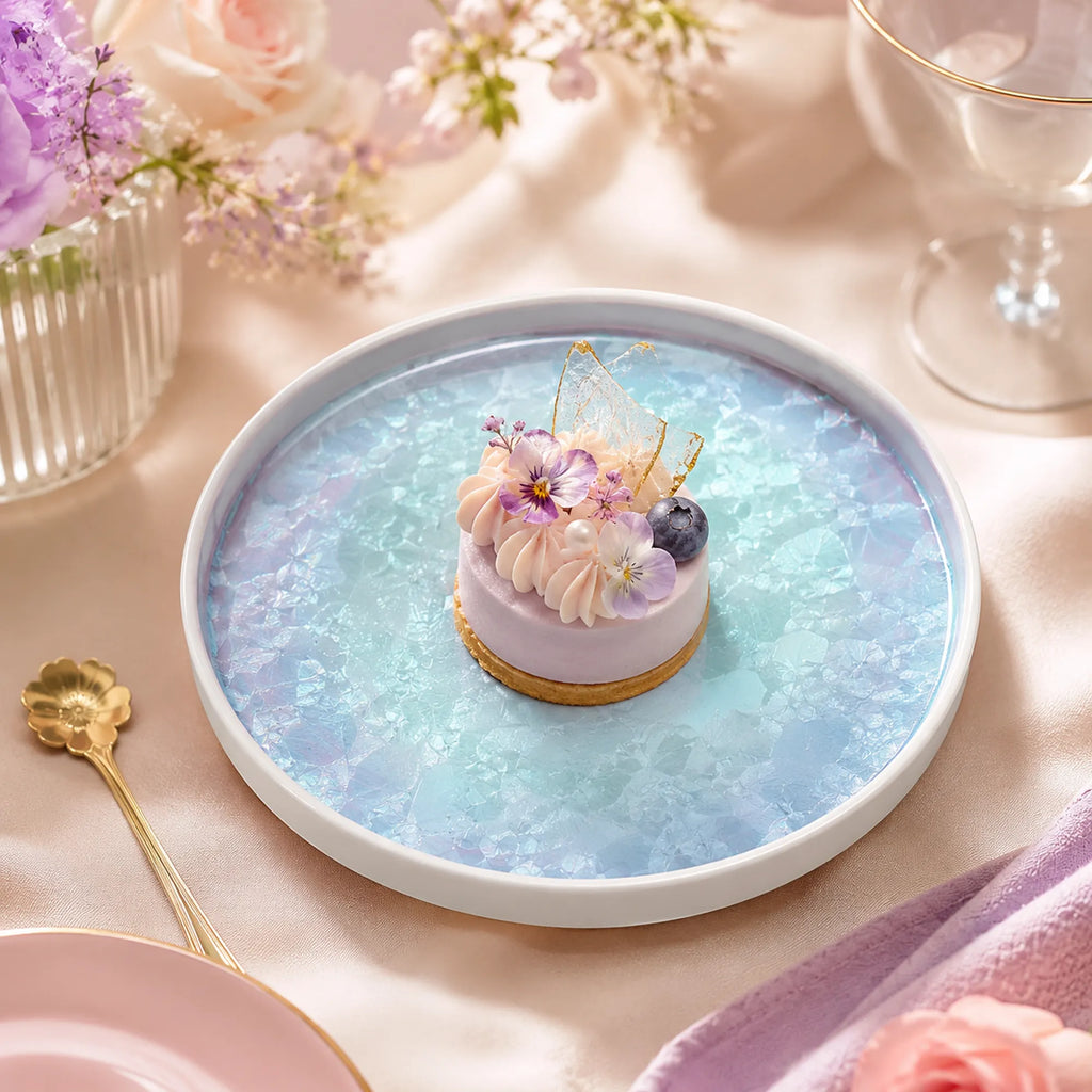 Pearl blue ceramic side plate styled with plated food