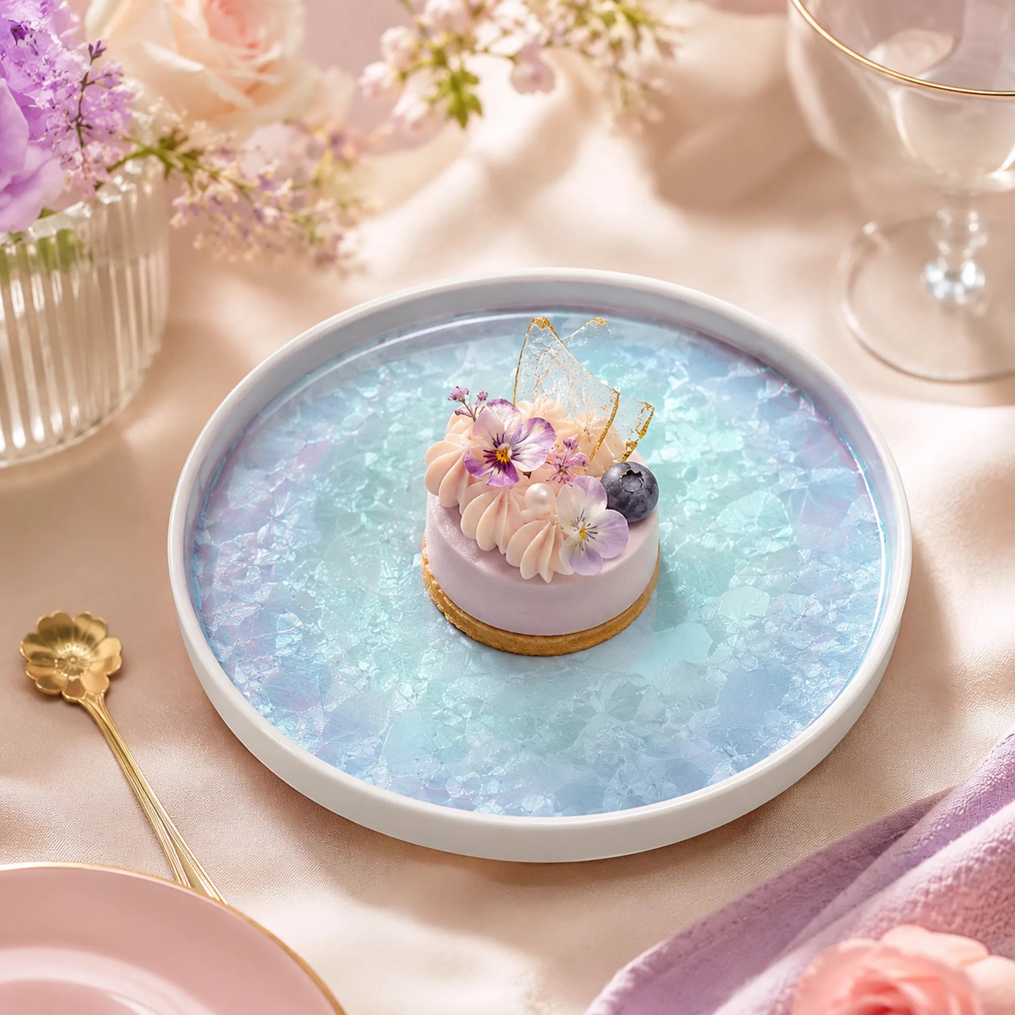 Pearl blue ceramic side plate styled with plated food