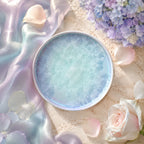 Pearl blue ceramic side plate styled on a bright dining table