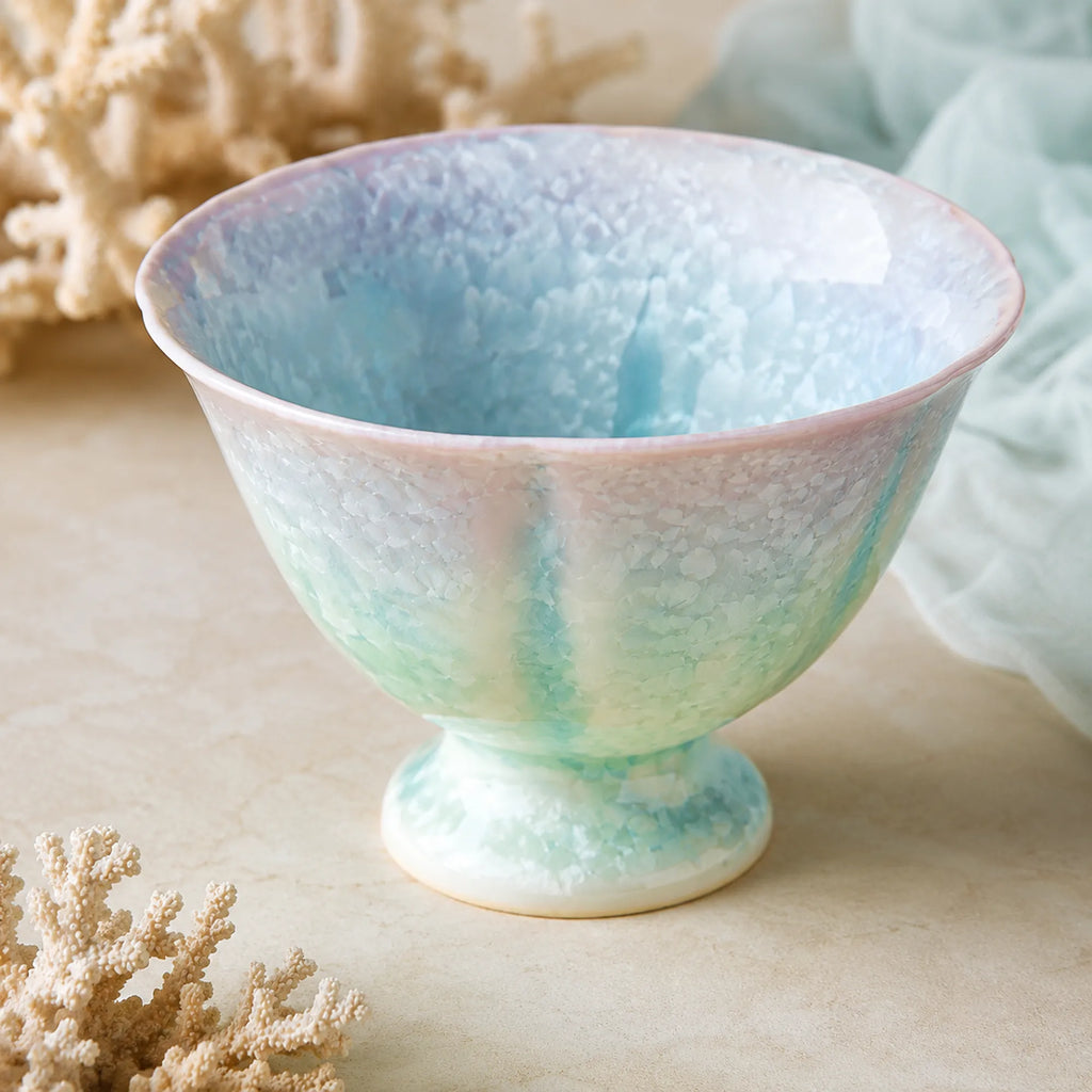 Close-up glaze detail of pearl mist ceramic dessert bowl